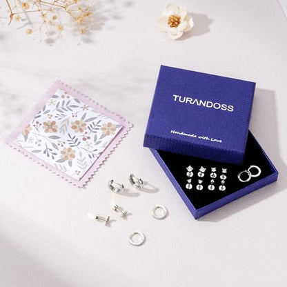 Turandoss 8 Pairs Gold Stud Hoop Earrings for Women | 14K Gold Plated Small Huggie Hoop Earrings, Flat Back Cartilage Earring Stacks Set, Multiple Piercing, Hypoallergenic - color: Silver Plated