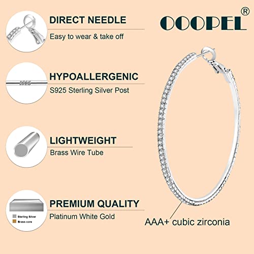 925 Sterling Silver Earrings Large Rhinestone Hoop Earrings Big Cubic Zirconia Hoop Earrings Thin Rhinestones Round Hoop Earrings for Women 20/30/40/50/60/70mm Sparkly Hoops With Crystals for Womens - color: Silver,60mm