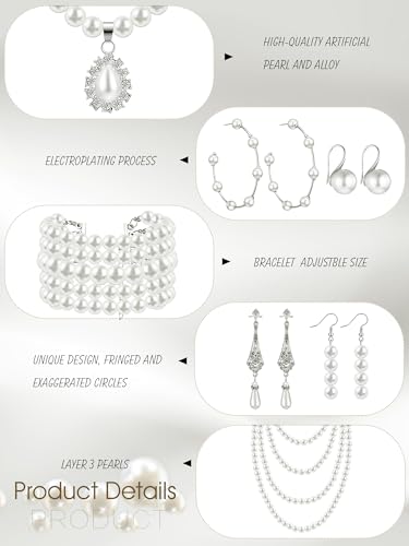 BBTO 8 Pcs Pearl Necklace and Earring Set for Women Faux Pearl Bracelet Costume Jewelry Set for Wedding Bridal Shower Party - style: Refined Style