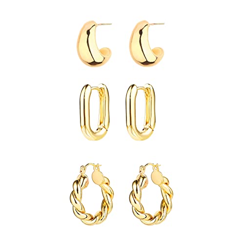 ALLHOLA 14K Gold Plated Hoop Earrings for Women, Hypoallergenic Chunky Gold Plating Hoop Earrings Multipack, Lightweight Twisted Huggie Hoops Earring Set Jewelry for Gifts - color: A-3 gold hoops