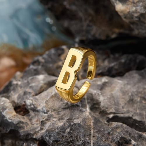 Cicy Bell Initial Rings for Women 18k Gold Plated Adjustable Rings | Open Signet Rings, Bold Letter, Personalized Engraved, For Party - color: Initial-B