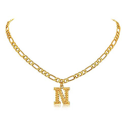 14K Gold Plated Initial Necklaces for Women Men A-Z Letter Necklaces | Figaro Chain, 16"+2" Adjustable Length, with Gift Box - style: N