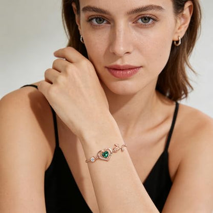 1CT Rose Heart Birthstone Bracelet for Women Love Gift - style: 05-May Emerald Rose Gold