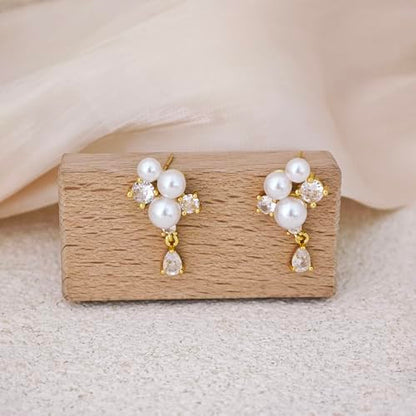 Pearl Earrings for Women Trendy, 14k Gold Plated Freshwater CZ Leaf Pearl Dangle Drop Gold Earrings Lightweight Hypoallergenic Stud Earring Bridesmaid Wedding Gold Jewelry for Women Gifts - style: cz pearl drop earrings
