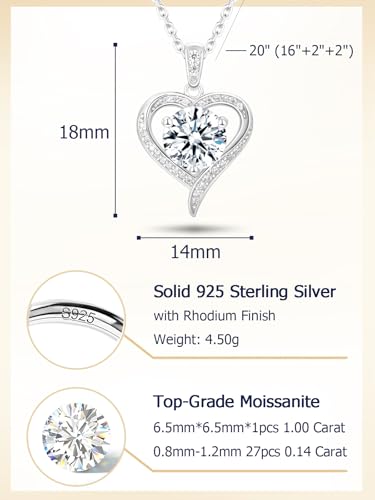 CYW Genuine Sapphire/Emerald/Ruby/Moissanite Necklace for Women, Really Authentic Solid 925 Sterling Silver, 16"/18"/20" Adjustable Chain, Anniversary Mother's Day Valentines Gift - color: Heart - White Gold, size: 6.5mm