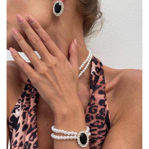 3Pcs Dainty Elegant Imitation Pearl Beaded Choker Necklace Bracelets Earrings Set Handmade Adjustable Faux Pearl Necklace for Women Bridal Wedding Party Prom Birthday Valentine Jewelry Gifts - color: E green