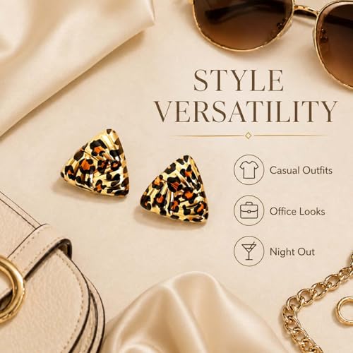 Golden Geometric Leopard Print Earrings for Women,Retro Gold Plated Square and Triangle Studs,Hypoallergenic Statement Jewelry,Fashion Animal Print Accessories Earring for Everyday & Party Wear - color: Triangle Leopard