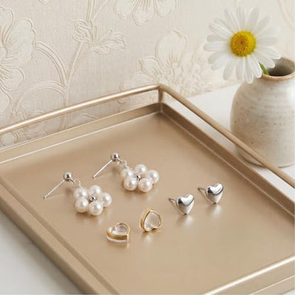 Hypoallergenic Pearl Earrings Set for Women | S925 Sterling Silver & Stainless Steel, Daisy Heart & Hook & Teardrop Dangle & Huggie Hoop, Simulated Pearl, Sensitive Ears - color: White Gold Heart Flower