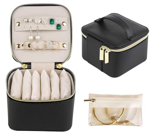 HofferRuffer Jewelry Box Organizer for Women Girls, Travel Jewelry Case with 6 Portable Zipper Bags, Jewelry Storage Ideal for Travel & Home Organization (6pcs-Black Faux Leather) - color: 6pcs-Black Faux Leather