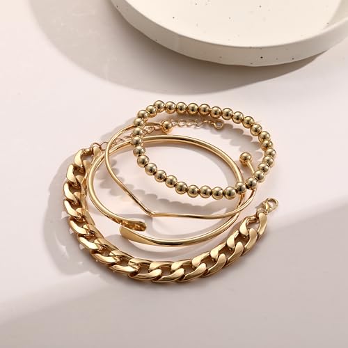 ÌF ME Gold Bangle Bracelets for Women, Indian Bangles Stackable Set, Multi Layer Textured 18K Gold Plated Chunky Bracelets Boho Jewelrys Set - style: beaded & Cuban