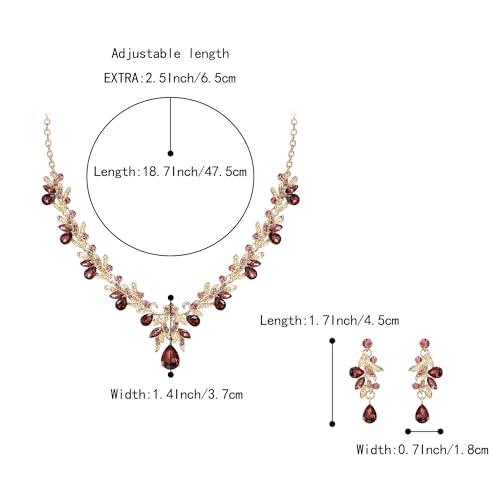 Women's Wedding Jewelry Set Leaf Flower for Bridal Prom Party | Stunning Crystal Teardrop Marquise Cluster Pendant Necklace Dangle Earrings Set for Bride Bridesmaid - color: Amethyst Color Gold-Plated-Base