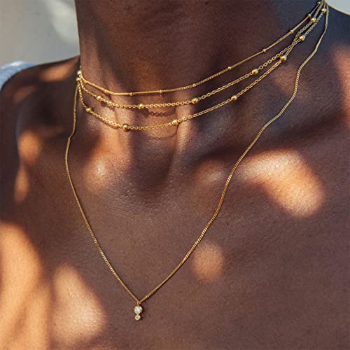 FOCALOOK Choker Necklace for Women, Double Layered Boho Beaded Choker Chain | Dainty 14K Gold Plated/Silver/Black Metal, Simple Small Satellite Beaded Chain Necklace, Hypoallergenic for Everyday Wear - color: 01.2-Layered Satellite Beads-Gold