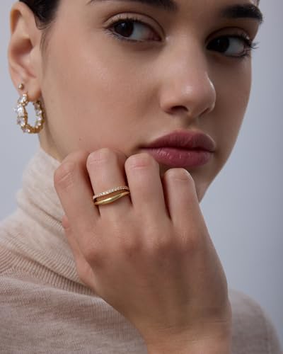 PAVOI 14K Gold Plated Wavy Split Ring - Wave Gold Stackable Rings for Women with Cubic Zirconia - Dainty Wedding Band - Trendy Bridal Fashion Jewelry - color: White Gold