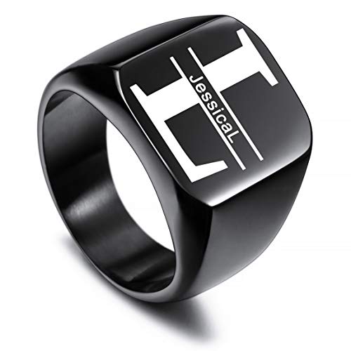 VIBOOS Custom Engraved Initial Monogram Signet Ring for Men Women Mens Rings Stainless Steel, Bundle with Ring Size Adjusters - color: C2: Black - Initial Name