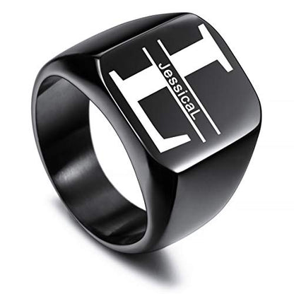 VIBOOS Custom Engraved Initial Monogram Signet Ring for Men Women Mens Rings Stainless Steel, Bundle with Ring Size Adjusters - color: C2: Black - Initial Name