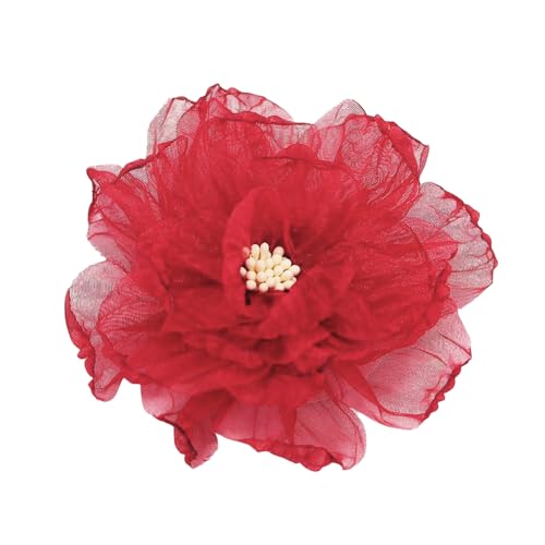Elegant Organza Flower Brooch Pin for Women Men Delicate Fabric Camellia Floral Lapel Pins Dress Skirt Scarf Hat Clothing Decoration Accessories Holiday Wedding Party Fashion Jewelry 100mm - color: Red