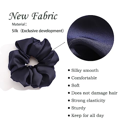 4 PCS Large Satin Silk Scrunchies for Women Big Hair Scrunchies Thick Hair | Black Navy Brown Champagne / Stretched 10" Length / No Damage / Gift Box /Diameter: 5 inches / All Hairstyles - color: Black Navy-Blue Brown Champagne, size: 1 Count (Pack of 4)