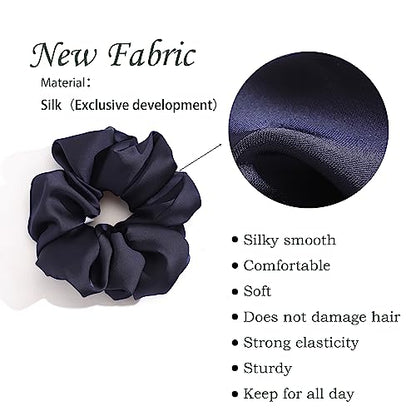 4 PCS Large Satin Silk Scrunchies for Women Big Hair Scrunchies Thick Hair | Black Navy Brown Champagne / Stretched 10" Length / No Damage / Gift Box /Diameter: 5 inches / All Hairstyles - color: Black Navy-Blue Brown Champagne, size: 1 Count (Pack of 4)