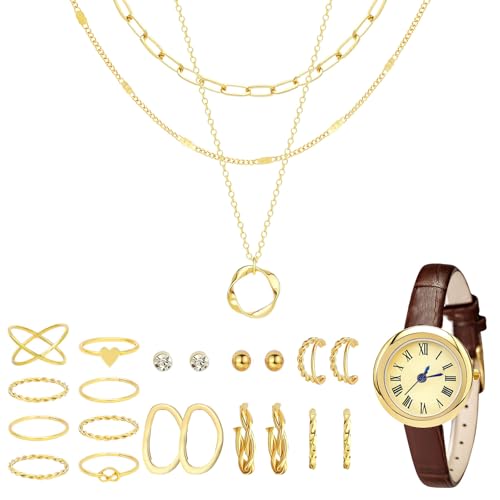 NEWITIN 61 Pieces Gold Jewelry Set for Women Fashion Costume Watch Jewelry | Bohemian Jewelry, Cubic Zirconia, Gold Plated Necklaces Bracelets Watch Rings Earrings Set for Women Party Daily, Women Gifts - color: Gold C
