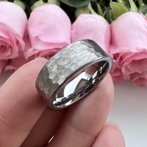 TUTISS 6mm 8mm Silver/Black/Gunmetal/Gold/Rose Gold Hammered Tungsten Rings for Men Women Couple Fashion Jewelry Engagement Wedding Bands Matte Finish Comfort Fit - color: 8mm Silver Tungsten