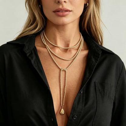 Long Pearl Necklaces for Women Layer Lariat Tie Necklace Adjustable Long Beaded Y Drop Choker Necklacess Bohemian Beach Wedding Party Jewelry Gifts - color: B-Gold