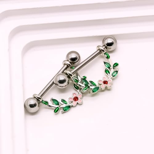 2pcs 14G Nipple Rings Flower Nipple Bars Surgial Steel 316L Nipple Piercing Jewelry Heart Nipple Barbell for Women - color: green