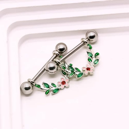 2pcs 14G Nipple Rings Flower Nipple Bars Surgial Steel 316L Nipple Piercing Jewelry Heart Nipple Barbell for Women - color: green