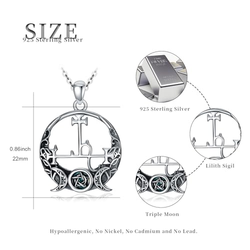 Witch Necklace 925 Sterling Silver Pentagram Triple Moon Pentacle Pendant Wiccan Pagan Jewelry Witchy Gifts for Women - style: Lilith