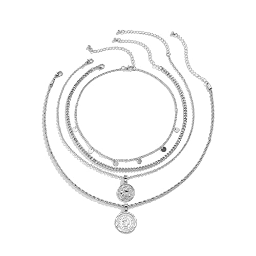 MJartoria Layered Necklaces for Women Trendy Retro Coin Pendant Chain Necklaces Dainty Link Chain Choker Necklaces for Jewelry Birthday Gifts - color: Silvery