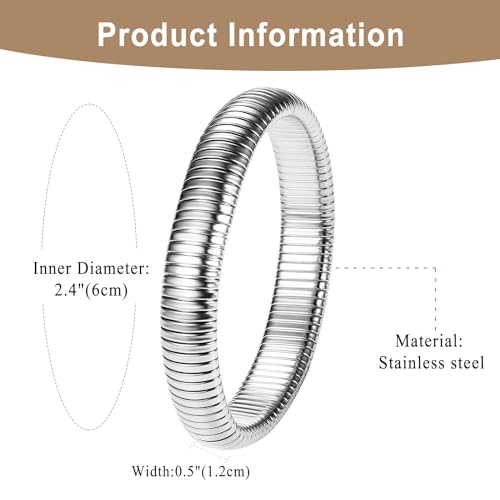 NMQLX Women's Elastic Bangle Bracelets: Stainless Steel Gold Chunky Wristband Bracelets - color: Silver - 12mm