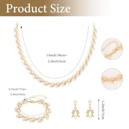 Rhinestone Pearl Jewelry Set Bracelet Necklace Earring for Women | Adjustable Extension Chain, Wedding Bridal Accessories, Faux Pearl Rhinestone Combo, Elegant Gift for Women - color: Gold