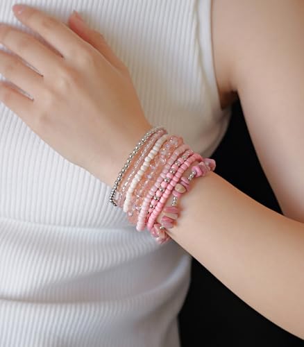 Noessla Boho Beaded Bracelets for Women Stackable Irregular Natural Stone Bead Stretch Bracelet Set 8PCS Costume Jewelry Gifts for Her - color: Pink
