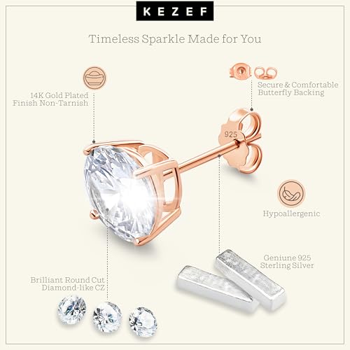 KEZEF Sterling Silver Stud Earrings for Women & Men - 4-Prong Setting Cubic Zirconia Earrings Studs - Premium CZ S925 Hypoallergenic - Available in 14K White and Yellow Gold, Rose Gold - 3mm to 9mm - color: 14K Rose Gold, size: 4mm - Small
