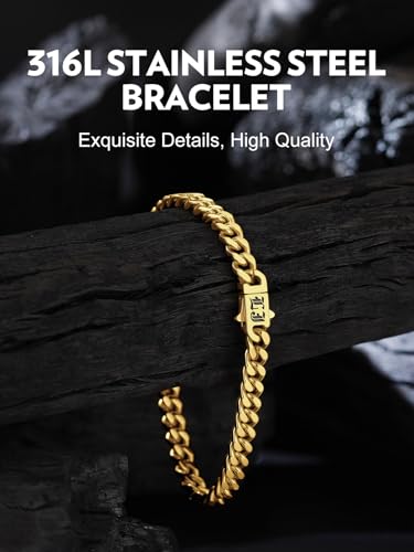 Bandmax Mens Hip Hop Cuban Link Bracelets 5/7/9/12MM Stainless Steel Miami Curb Chain Bracelet Silver/Gold Plated/Black Wristlet Chains for Men 7"-9" - color: 15 5MM Gold-Custom