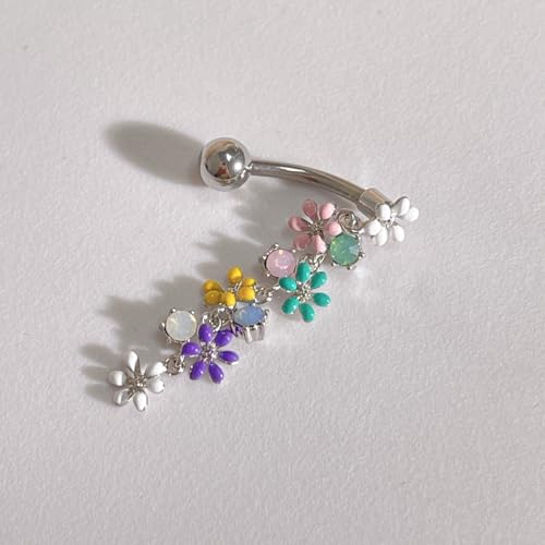 Colorful Daisy Flower Belly Button Ring 316L Surgical Stainless Steel CZ Cute Enamel Flowers Dangle Navel Belly Rings Dainty Body Piercing Jewelry Gifts for Women 14G - color: Silver