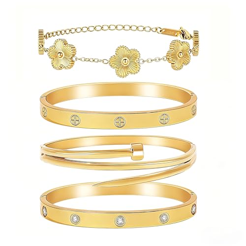 Stackable Gold Bracelets for Women - 4 Sets, 18K Gold Plated Bracelets, Stainless Steel Bangle Bracelets Non-Tarnish, Stylish Gold Jewelry Ensemble, Valentine's Day, Birthday and Christmas Jewelry Gifts - color: A3-(Gold 4Sets)