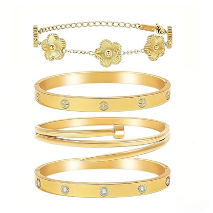 Stackable Gold Bracelets for Women - 4 Sets, 18K Gold Plated Bracelets, Stainless Steel Bangle Bracelets Non-Tarnish, Stylish Gold Jewelry Ensemble, Valentine's Day, Birthday and Christmas Jewelry Gifts - color: A3-(Gold 4Sets)