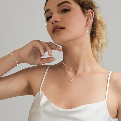 HERIER Gold Jewelry Set for Women - Dainty 14K Gold/Silver Plated Pearl Choker Necklace, Drop Earrings & Bracelets - Wedding Trendy Pearl Jewelry Gift - color: Pearl Jewelry Set-Silver