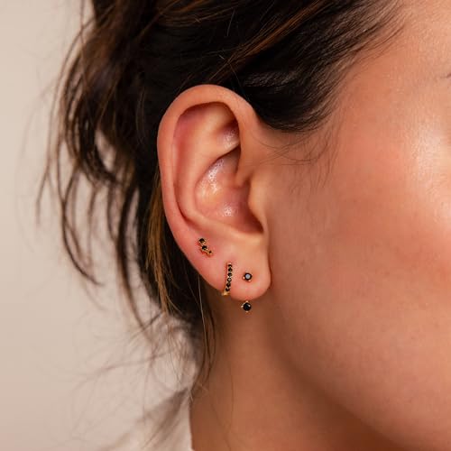 3 Pairs Huggie Hoop Earring Set 18K Gold Plated Cubic Zirconia Cartilage Earrings, Multi Piercings Ear Jacket Earring Climber Stud Earring for Women Everyday Earrings - color: Gold Black Cubic Zirconia Hoop