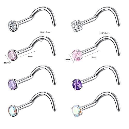 8PCS G23 Titanium Twist Screw Nose Studs 18G 20G Nose Rings 2mm 2.5mm 3mm Clear Pink Purple Aurora CZ Gold Nose Piercing Studs Nostril for Women Men - style: 18g silver mix-color cz 2.5mm