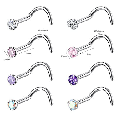 8PCS G23 Titanium Twist Screw Nose Studs 18G 20G Nose Rings 2mm 2.5mm 3mm Clear Pink Purple Aurora CZ Gold Nose Piercing Studs Nostril for Women Men - style: 18g silver mix-color cz 2.5mm