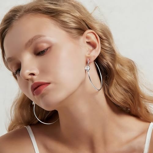 OwMell Large Hoop Earrings for Women 925 Sterling Silver Post 14K Gold Plated Big Hoops Earrings Trendy Pearl Cubic Zirconia Hoop Earrings - color: Clear Silver