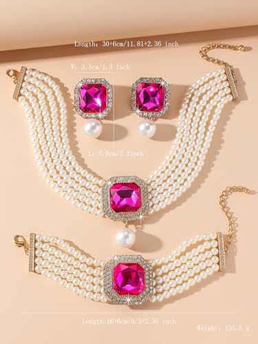 Fashion Bride Silver Black Green Bridal Layered Rhinestone Crystal 1920s Faux Pearls Necklace Earrings Bracelet Set Crystal Wedding Jewelry Set Rose Red Square Choker Necklace for Women - color: Rose Red