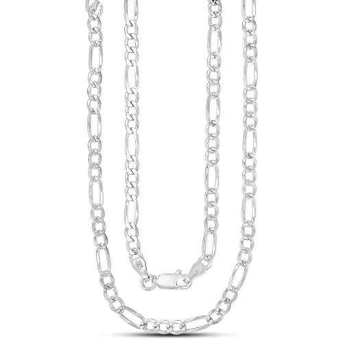 14K Gold or Rhodium Plated Silver Figaro Diamond Cut Pave Chain For Men | 1mm-13mm Thick | Solid 925 Figaro Italian Necklaces For Men - style: 4.00MM- White