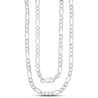 14K Gold or Rhodium Plated Silver Figaro Diamond Cut Pave Chain For Men | 1mm-13mm Thick | Solid 925 Figaro Italian Necklaces For Men - style: 4.00MM- White