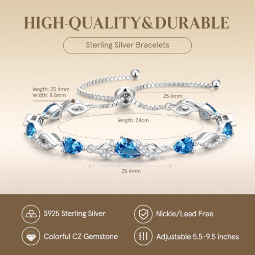 FANCIME Birthstone Teardrop Tennis Bracelet for Women, Sterling Silver 9x7mm main Gemstone Bolo Adjustable Chain Bracelet Fine Jewelry Birthday Gifts for Women Mom Wife Her - color: 12-Topaz