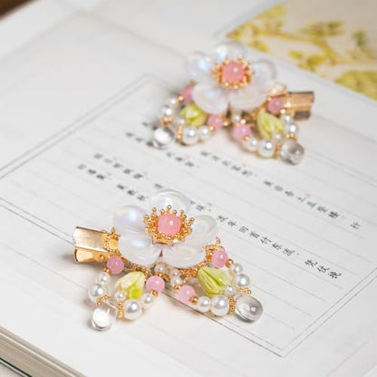 A Pair Wedding Hair Clips, Handmade Floral Design Crystal Hair Clips Pearl Barrettes, Rhinestones Flower Clips Pearl Headpieces Hair Pins Hair Accessories for Women Girls (White&Green) - color: White&Green