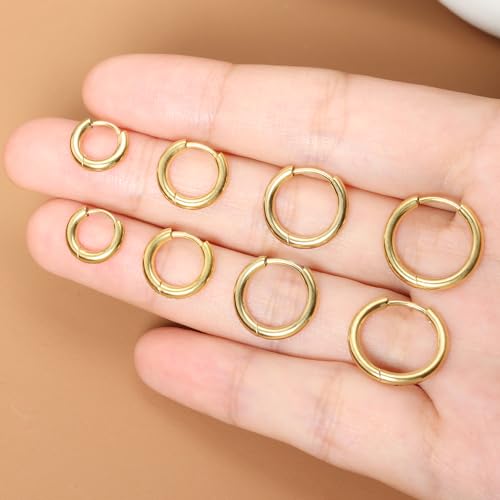 Small Hoop Earrings for Women Men Girls 14k Real Gold Plated Thin Gold Huggie Hoops Set for Cartilage Helix Hypoallergenic Surgical Stainless Steel 6/8/10/12mm - color: Gold, style: Regular-2.0mm