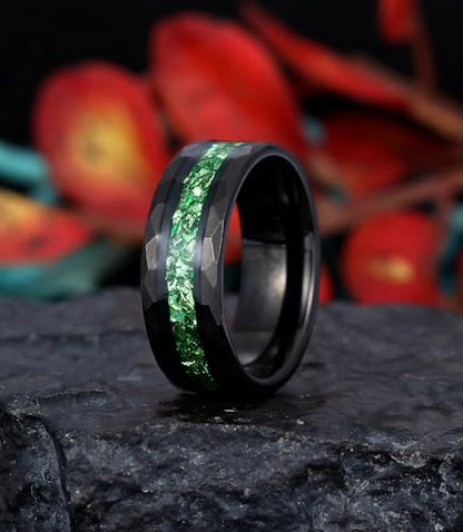 8mm Black Tungsten Mens Wedding Band with Moss Agate/Emerald/Citrine | Amethyst/Aquamarine, Gothic, Birthstone, Hammered, Engagement Promise Ring, Anniversary Valentine Day Birthday Gift for Him - style: Emerald