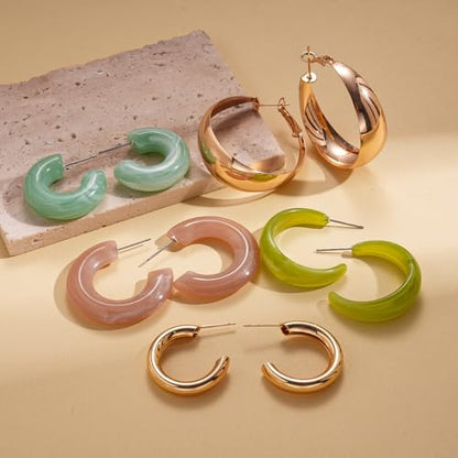 5-6Pairs Acrylic Hoop Earring for Women Chunky C Shape Hoop Earrings Resin Sets Fashion Jewelry